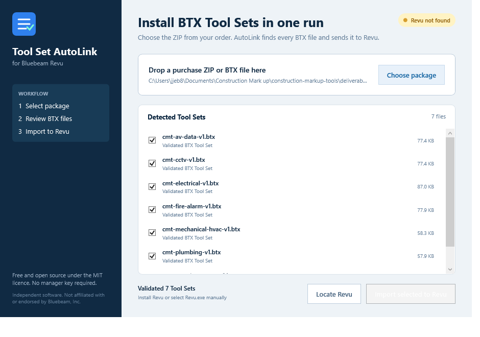 Tool Set AutoLink validating seven BTX Tool Sets from a full construction package