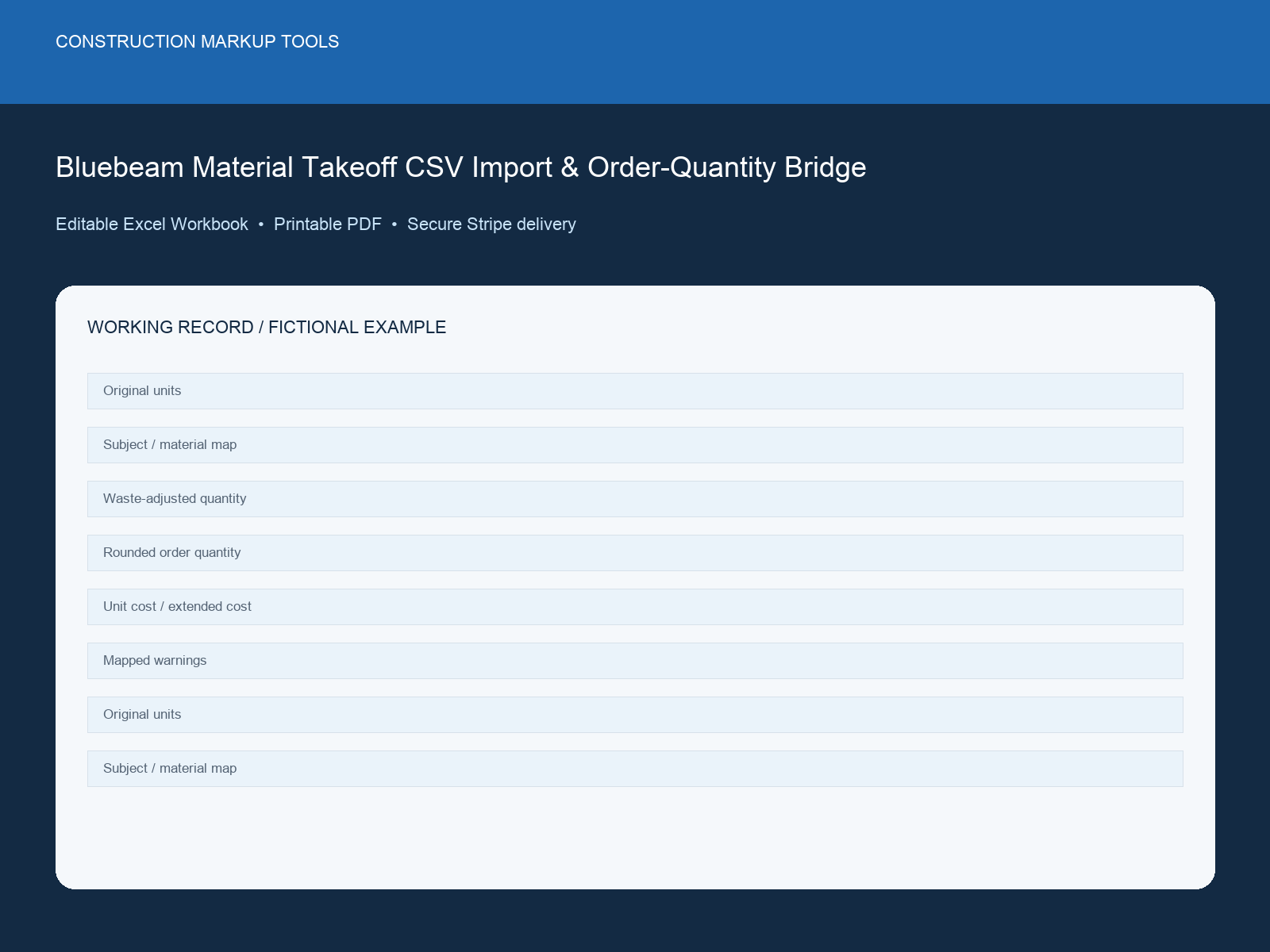 Bluebeam Material Takeoff CSV Import & Order-Quantity Bridge dashboard preview