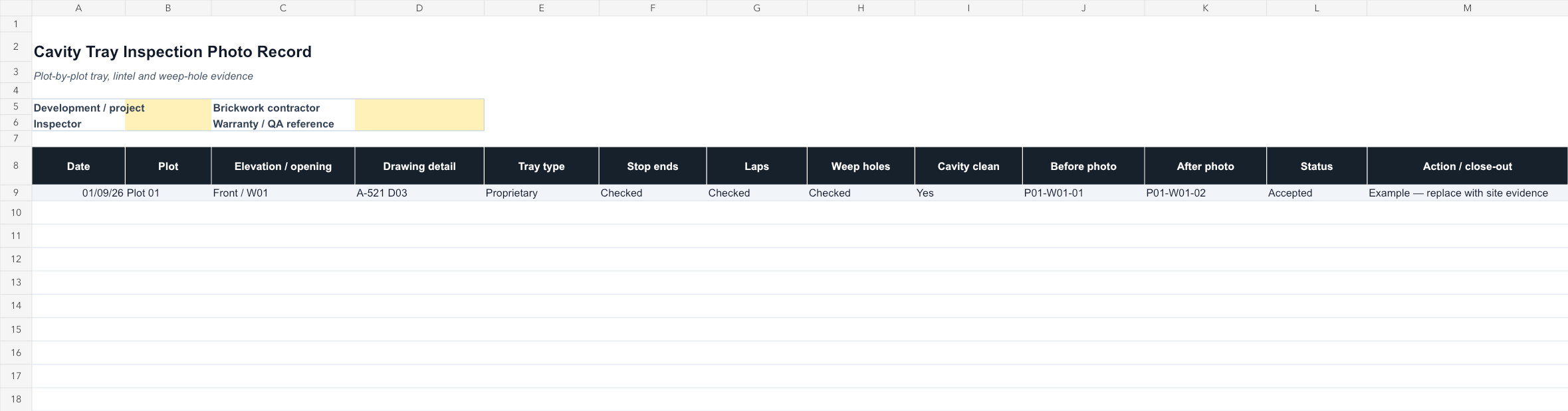 Cavity Tray Inspection Photo Record Template dashboard preview