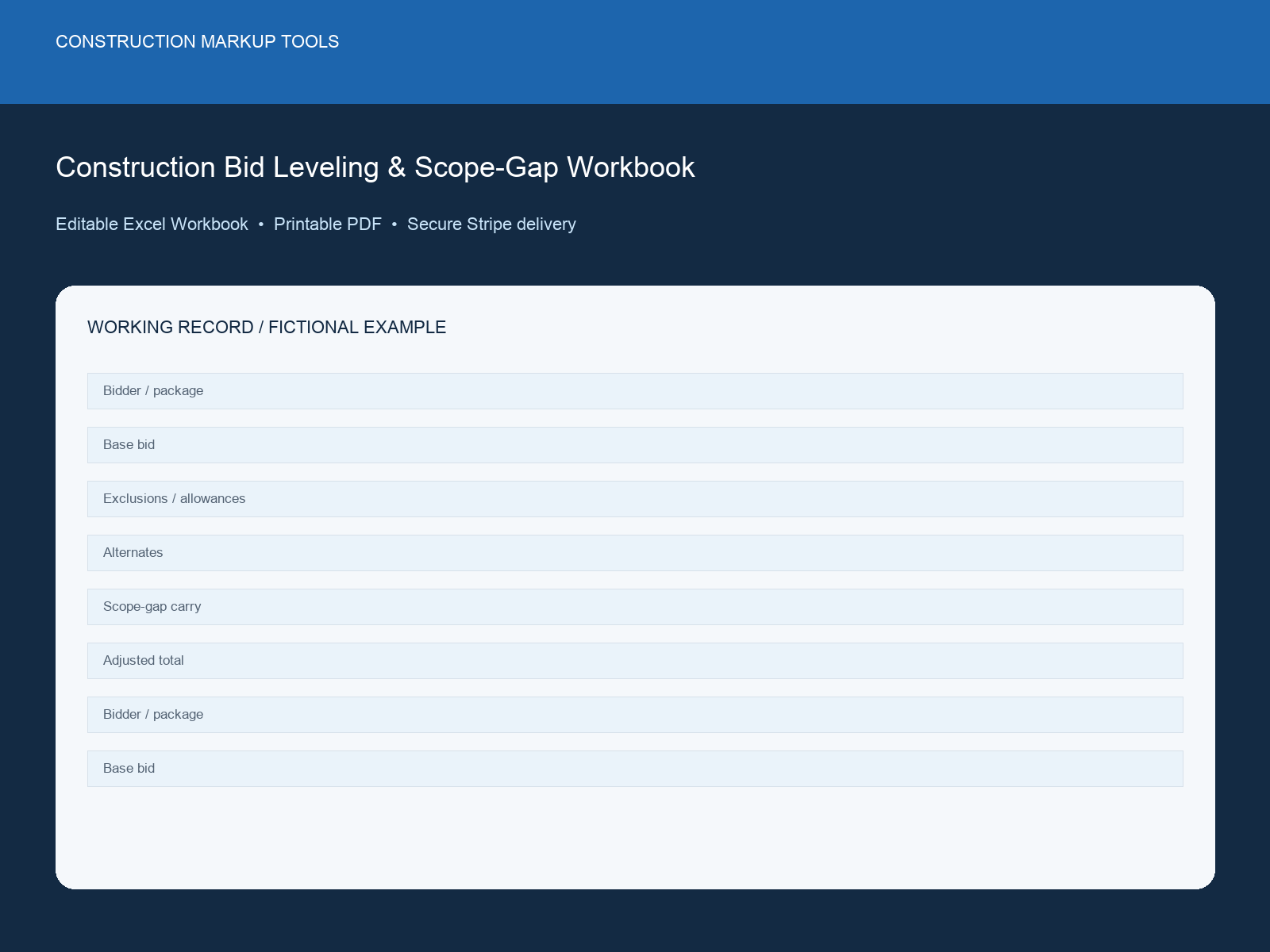 Construction Bid Leveling & Scope-Gap Workbook dashboard preview