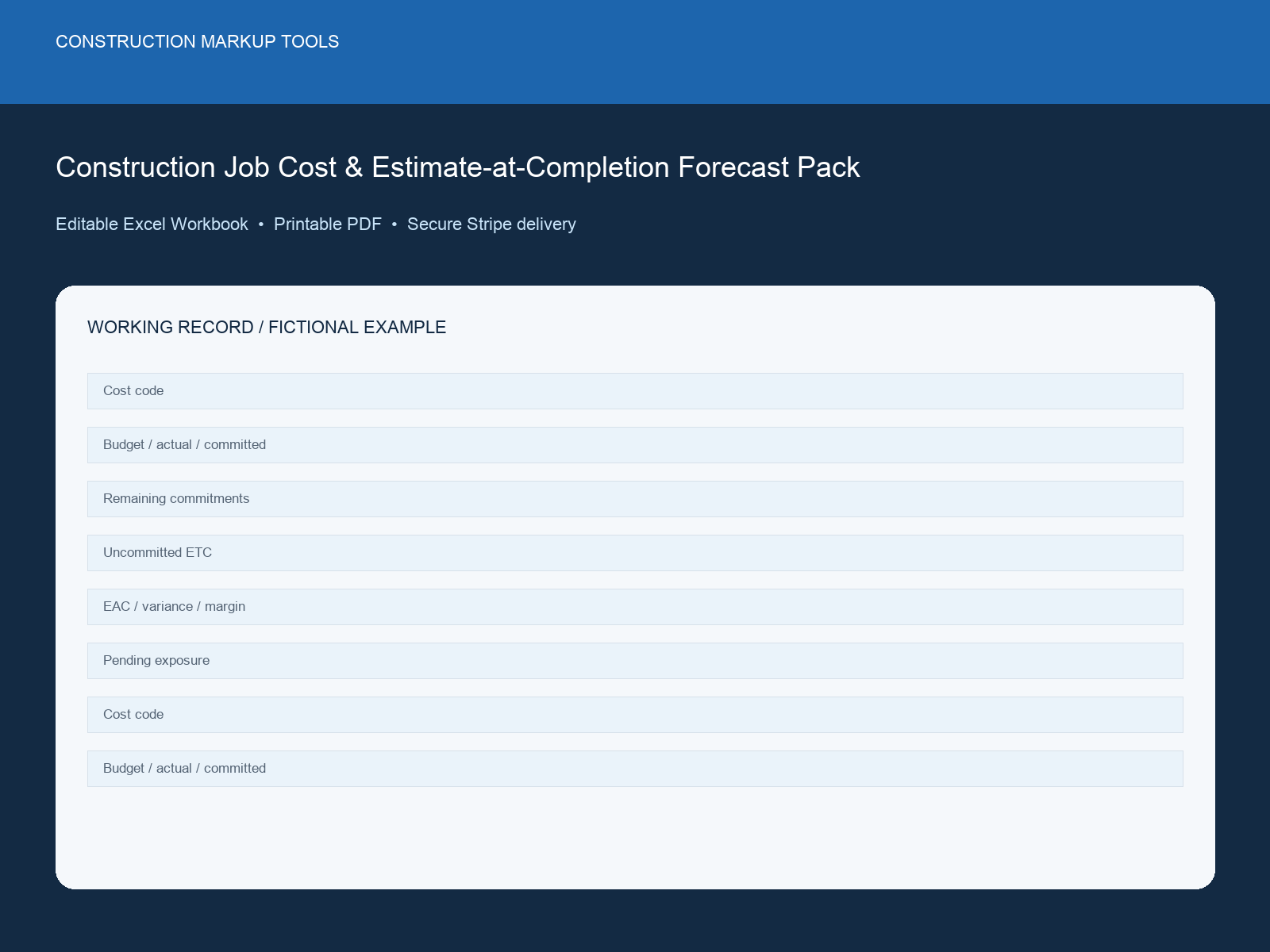 Construction Job Cost & Estimate-at-Completion Forecast Pack dashboard preview