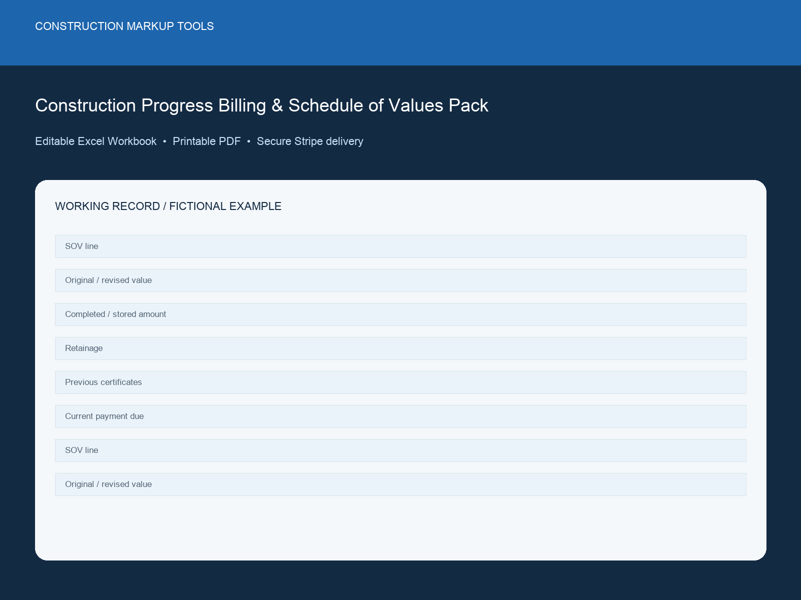 Construction Progress Billing & Schedule of Values Pack dashboard preview