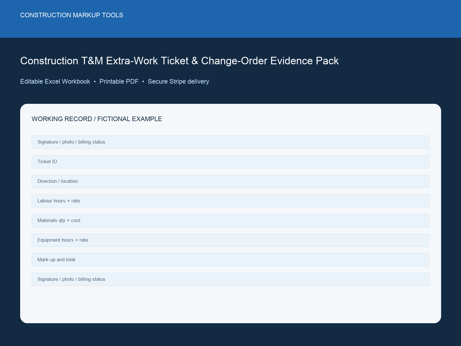 Construction T&M Extra-Work Ticket & Change-Order Evidence Pack dashboard preview