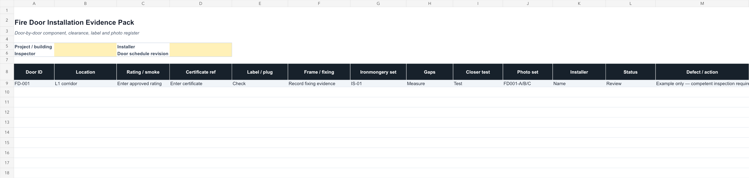 Fire Door Installation Evidence Pack Template dashboard preview