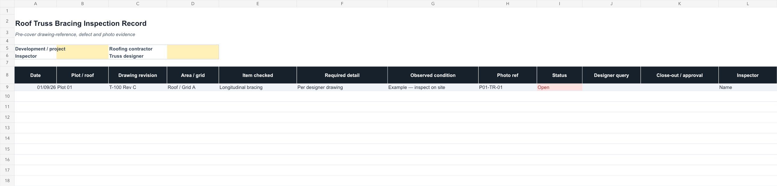Roof Truss Bracing Inspection Record Template dashboard preview