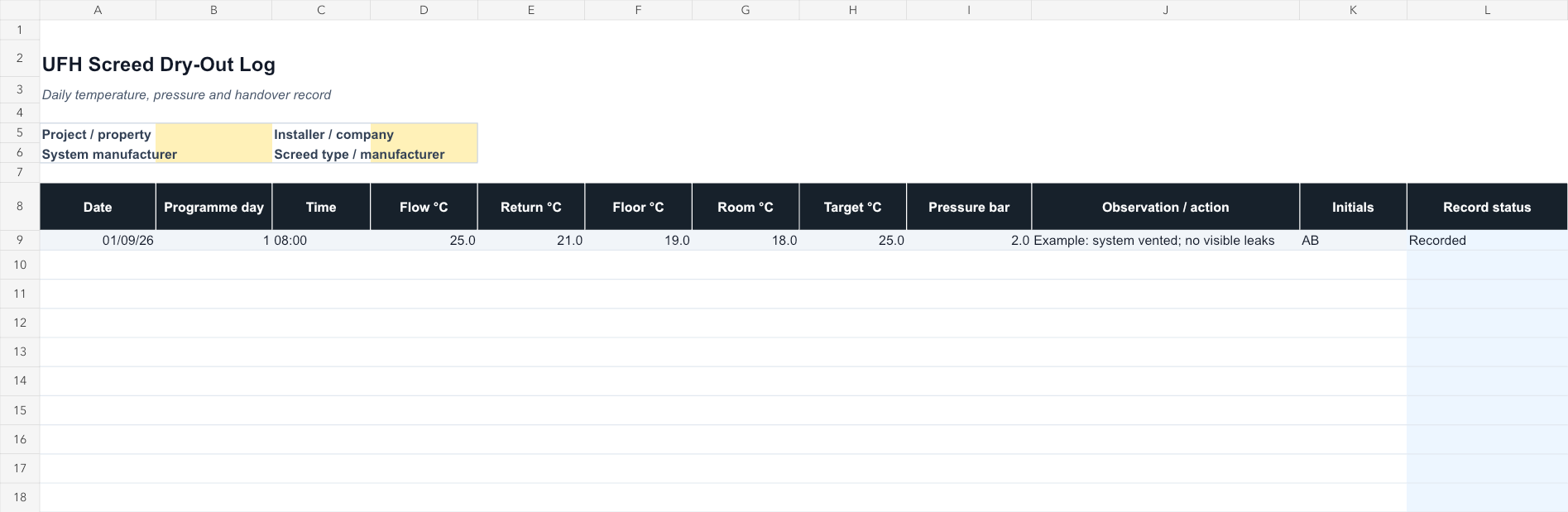 Underfloor Heating Screed Dry-Out Log Template dashboard preview